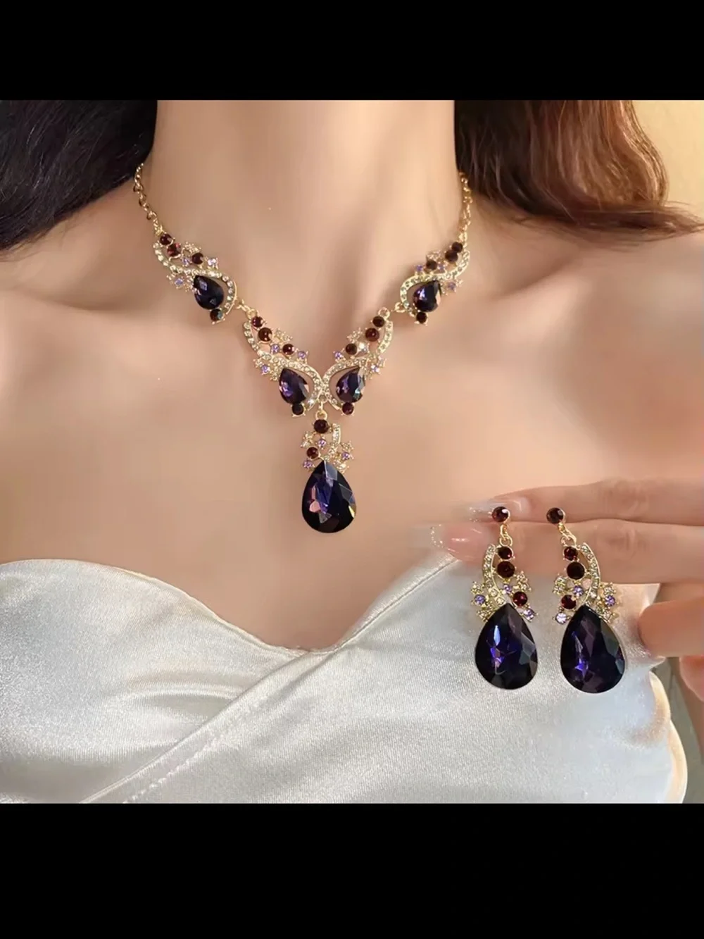 Vintage Purple Necklace and Earring Set with Black Teardrop Crystals
